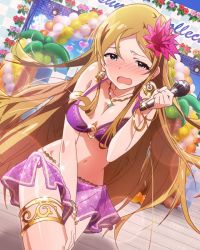 Rule 34 | 10s, 1girl, armlet, bikini, blue eyes, blush, bracelet, breasts, brown hair, cleavage, covering privates, covering crotch, earrings, embarrassed, flower, flower on head, hair flower, hair ornament, idolmaster, idolmaster million live!, jewelry, large breasts, lens flare, long hair, looking at viewer, lots of jewelry, microphone, navel, o-ring, o-ring top, official art, open mouth, purple bikini, shinomiya karen, shiny skin, solo, stage, swimsuit, very long hair, wavy mouth