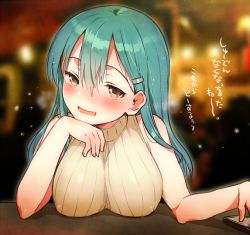 Rule 34 | 10s, 1girl, alternate costume, bare shoulders, blush, breasts, brown eyes, cellphone, green hair, hair ornament, hairclip, ichihaya, kantai collection, large breasts, long hair, looking at viewer, phone, ribbed sweater, sleeveless, sleeveless turtleneck, smile, solo, suzuya (kancolle), sweater, translated, turtleneck