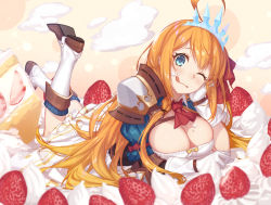 Rule 34 | 1girl, blue eyes, boots, bow, breasts, cake, cleavage, coat, cream, cream on face, crown, eyebrows hidden by hair, food, food on body, food on breasts, food on face, fruit, hair between eyes, large breasts, long hair, looking at viewer, lying, one eye closed, orange hair, pecorine (princess connect!), princess connect!, skirt, smile, solo, strawberry, tongue, yachimoto