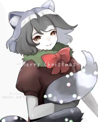 Rule 34 | 1girl, alternate costume, animal ears, bad id, bad pixiv id, black hair, blush, bow, bowtie, brown eyes, christmas, christmas lights, cine re a, collar, common raccoon (kemono friends), elbow gloves, fang, fur collar, gloves, green collar, grey gloves, grey hair, highres, holding tail, kemono friends, looking at viewer, merry christmas, multicolored hair, raccoon ears, raccoon tail, red ribbon, red shirt, ribbon, shirt, short hair, short sleeves, smile, solo, tail, translation request, twitter username, white background