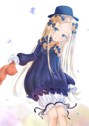 Rule 34 | 1girl, abigail williams (fate), black bow, black dress, black hat, blonde hair, bloomers, blue eyes, blush, bow, bug, butterfly, commentary request, dress, fate/grand order, fate (series), forehead, hair bow, hat, highres, holding, holding stuffed toy, insect, leaning to the side, long hair, long sleeves, looking at viewer, orange bow, parted bangs, parted lips, polka dot, polka dot bow, sakazakinchan, sleeves past fingers, sleeves past wrists, solo, stuffed animal, stuffed toy, teddy bear, underwear, very long hair, white bloomers