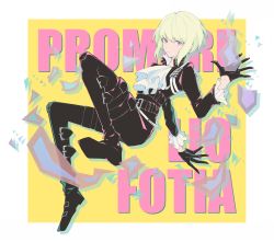Rule 34 | 1boy, ama azuma, ascot, belt, black gloves, black jacket, blonde hair, character name, copyright name, earrings, fire, full body, gloves, green hair, half gloves, highres, jacket, jewelry, lio fotia, looking at viewer, male focus, pastel colors, promare, purple eyes, solo, yellow background