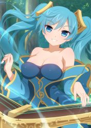 Rule 34 | 1girl, animification, bare shoulders, blue eyes, breasts, collarbone, commentary, day, dress, green hair, head tilt, instrument, large breasts, league of legends, long hair, mute, outdoors, parted lips, smile, solo, sona (league of legends), tree, twintails, very long hair, wanaca
