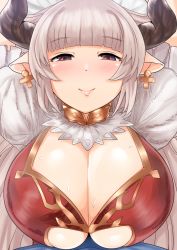 Rule 34 | 10s, 1girl, alicia (granblue fantasy), blush, breasts, cleavage, cross, cross earrings, draph, earrings, gachou, granblue fantasy, horns, huge breasts, jewelry, long hair, looking at viewer, pointy ears, silver hair, smile, solo