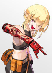 Rule 34 | 1girl, autism wanderer, bad id, bad pixiv id, blonde hair, blurry, depth of field, ear piercing, earrings, elf, highres, jewelry, mechanical arms, original, piercing, pointy ears, prosthesis, purple eyes, short hair, simple background, single mechanical arm, tank top, tongue, tongue out, tongue piercing