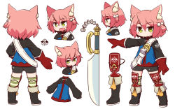 Rule 34 | 1girl, 7th dragon, 7th dragon (series), :d, :o, animal ear fluff, animal ears, ass, belt, belt buckle, black footwear, black shorts, blue jacket, blush, boots, buckle, cat ears, character sheet, closed mouth, facing away, fighter (7th dragon), gloves, green eyes, hair between eyes, hair bobbles, hair ornament, harukara (7th dragon), highres, jacket, knee boots, looking at viewer, multiple views, naga u, one side up, open mouth, outstretched arm, parted lips, pink hair, profile, red gloves, short shorts, shorts, simple background, smile, standing, striped clothes, striped thighhighs, sword, thighhighs, thighhighs under boots, turnaround, weapon, white background, white belt