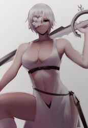 Rule 34 | absurdres, belt, bow, breasts, chainsaw man, cleavage, clothing cutout, collarbone, drag-on dragoon, drag-on dragoon 3, dress, eyepatch, flower, flower over eye, frown, highres, navel cutout, quanxi (chainsaw man), short hair, simple background, socks, solo, sword, trait connection, weapon, white dress, white flower, white hair, white socks, zaki (zaki btw), zero (drag-on dragoon)