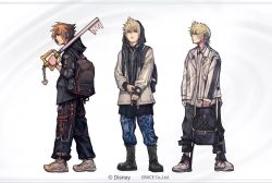 Rule 34 | 3boys, backpack, bag, blonde hair, boots, brown hair, chain, copyright notice, fashion, holding, holding bag, hood, hood up, hoodie, jacket, keyblade, kingdom hearts, kingdom key, looking at viewer, multiple boys, nomura tetsuya, official alternate costume, official art, over shoulder, roxas, shoes, sneakers, sora (kingdom hearts), spiked hair, standing, streetwear, third-party source, ventus (kingdom hearts), watch, weapon, weapon over shoulder, white background