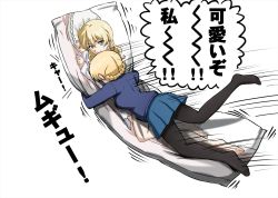 Rule 34 | 1girl, alternate hairstyle, black footwear, black pantyhose, blonde hair, blue eyes, blue skirt, blue sweater, body pillow, braid, closed mouth, commentary, dakimakura (object), darjeeling (girls und panzer), girls und panzer, hair down, highres, loafers, long sleeves, looking at viewer, lying, meta, miniskirt, motion lines, narcissism, no shoes, hugging object, omachi (slabco), on side, on stomach, pantyhose, pillow, pillow hug, pleated skirt, school uniform, shoes, short hair, simple background, skirt, smile, solo, st. gloriana&#039;s school uniform, sweater, tackle, translated, twin braids, white background