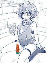 Rule 34 | 10s, 1girl, :d, animal ears, arm support, basin, blush, bottle, brave witches, breasts, couch, dildo, fake animal ears, female focus, hair ornament, hairclip, indoors, karibuchi hikari, kneehighs, looking at viewer, lube, monochrome, no shoes, null (nyanpyoun), old school swimsuit, one-piece swimsuit, open mouth, playboy bunny swimsuit, rabbit ears, rabbit tail, ramune, sailor collar, school swimsuit, sex toy, short hair, sitting, sketch, smile, socks, solo, spot color, swimsuit, tail, wariza, white background, world witches series, wrist cuffs