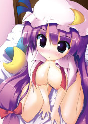 Rule 34 | 1girl, bad id, bad pixiv id, bed, blush, bottomless, breasts, cleavage, crescent, crescent hat ornament, female focus, hair ribbon, hat, hat ornament, large breasts, long hair, nipples, open clothes, open shirt, patchouli knowledge, pilky, purple eyes, purple hair, ribbon, shirt, solo, touhou, very long hair