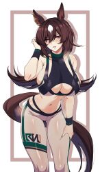 Rule 34 | 1girl, alternate costume, animal ears, artist logo, bare shoulders, black sports bra, blush, border, breasts, brown hair, cero rains, cleavage, cleavage cutout, clothing cutout, commentary request, cowboy shot, ear ornament, hair between eyes, hand on own thigh, highres, horse ears, horse girl, horse tail, large breasts, leggings, long hair, looking at viewer, multicolored hair, navel, pants, parted lips, red eyes, simple background, sirius symboli (umamusume), solo, sports bra, streaked hair, sweat, tail, umamusume, visible air, white background, white hair, white pants, wristband