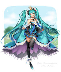 Rule 34 | 10s, 1girl, 2014, aqua eyes, aqua hair, bad id, bad pixiv id, character name, crown, hatsune miku, long hair, momosuke, one eye closed, open mouth, skirt, solo, thighhighs, twintails, very long hair, vocaloid