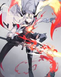 Rule 34 | 1girl, arknights, black thighhighs, dragon girl, dragon horns, dragon tail, fire, grey hair, horns, jacket, lance, long hair, looking at viewer, polearm, reed (arknights), sasa onigiri, solo, standing, standing on one leg, sweater, tail, thighhighs, weapon, white jacket