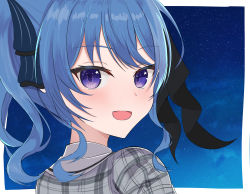Rule 34 | 1girl, blue eyes, blue hair, blush, border, bow, commentary request, hair between eyes, hair bow, highres, hololive, hoshimachi suisei, hoshimachi suisei (1st costume), jacket, looking at viewer, looking back, medium hair, open mouth, plaid, plaid jacket, ponytail, sidelocks, sky, solo, star (sky), starry sky, swept bangs, umikotatsu, virtual youtuber
