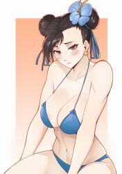 Rule 34 | 1girl, aboleuk, bare shoulders, bikini, blue bikini, blush, breasts, brown eyes, brown hair, capcom, chun-li, cleavage, closed mouth, collarbone, commentary, double bun, earrings, flower, gradient background, hair bun, hair flower, hair ornament, hibiscus, highres, jewelry, lips, looking at viewer, medium breasts, navel, shiny skin, simple background, solo, stomach, street fighter, street fighter ii (series), swimsuit