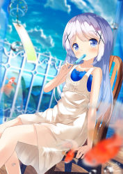 Rule 34 | 1girl, animal, bad id, bad pixiv id, bare arms, bare shoulders, blue eyes, blue sky, blurry, blurry background, blurry foreground, blush, chair, chinomaron, cloud, collarbone, commentary request, day, depth of field, detached sleeves, dress, fingernails, fish, gochuumon wa usagi desu ka?, hair ornament, highres, kafuu chino, long hair, on chair, outdoors, purple hair, railing, signature, sitting, sky, sleeveless, sleeveless dress, solo, very long hair, white dress, wind chime, x hair ornament