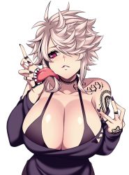 Rule 34 | 1girl, 666, arm tattoo, bare shoulders, black bra, black nails, bra, breasts, cleavage, collarbone, hair over one eye, hand mouth, hand tattoo, highres, hz (666v), large breasts, licking, licking another&#039;s cheek, licking another&#039;s face, long tongue, looking at hand, messy hair, nail polish, neck tattoo, original, red eyes, sharp teeth, shirt, short hair, shoulder tattoo, simple background, solo, sullivan (camui kamui), tattoo, teeth, tongue, tongue out, torn clothes, torn shirt, underwear, upper body, white background, white hair