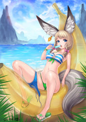 Rule 34 | 10s, 1girl, 2015, animal ear fluff, animal ears, animal hands, banana, banana boat, bangle, barefoot sandals (jewelry), beach, bikini, blade &amp; soul, blonde hair, blue eyes, bow, bracelet, breasts, cloud, dated, day, earrings, eating, food, fox ears, fox girl, fruit, full body, green bikini, hair bow, highres, inflatable toy, jewelry, knees up, layered bikini, leaning back, licking, long hair, lyn (blade &amp; soul), magatama, magatama earrings, medium breasts, mhg (hellma), mismatched bikini, mountain, navel, ocean, on banana, open mouth, outdoors, popsicle, ribbon, sandals, side-tie bikini bottom, signature, single earring, sitting, sky, solo, spread legs, star-shaped pupils, star (symbol), striped bikini, striped bikini top, striped clothes, sunlight, swimsuit, symbol-shaped pupils, tail, twintails, untied, water