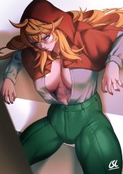 Rule 34 | 1girl, abs, arms at sides, blonde hair, blue eyes, breasts, capelet, female focus, green pants, grimm (red hood), hair between eyes, highres, hood, hood up, hooded capelet, large breasts, long hair, looking at viewer, mature female, midriff, muscular, muscular female, open clothes, open shirt, outstretched arms, pants, phoebus art, red capelet, red hood, red hood (kawaguchi), shirt, shirt tucked in, sitting, solo, spread legs, thick thighs, thighs, unbuttoned, unbuttoned shirt, white shirt