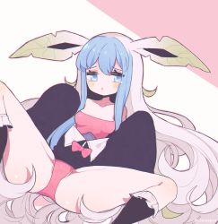 Rule 34 | 1girl, aliceyawnin, animal ears, artist name, bare shoulders, black dress, black socks, blue eyes, blue hair, blush, bow, breasts, collarbone, commission, creatures (company), dress, female focus, frilled socks, frills, game freak, gen 4 pokemon, glaceon, green hair, grey hair, half-closed eyes, hands up, highres, knee up, kneehighs, leafeon, leotard, long hair, looking at viewer, lying, multicolored hair, nintendo, off shoulder, on back, open mouth, outline, partially visible vulva, personification, pink background, pink bow, pink leotard, pink outline, pokemon, shiny clothes, shiny skin, sidelocks, simple background, sleeves past fingers, sleeves past wrists, small breasts, socks, solo, spread legs, strapless, strapless leotard, tears, twitter username, two-tone background, very long hair, watermark, white background