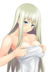 Rule 34 | 1girl, bare shoulders, blonde hair, blue eyes, breasts, cleavage, large breasts, light smile, long hair, looking at viewer, muffin (sirumeria), original, simple background, solo, towel, white hair