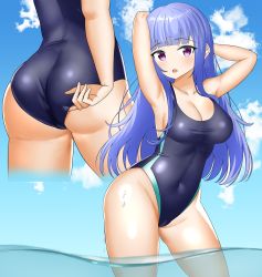 Rule 34 | 1girl, absurdres, adjusting clothes, adjusting swimsuit, aged up, arms behind head, arms up, ass, black one-piece swimsuit, blue hair, blush, breasts, covered navel, day, furude rika, highres, higurashi no naku koro ni, long hair, looking at viewer, medium breasts, multiple views, one-piece swimsuit, outdoors, partially submerged, purple eyes, shiny clothes, shiny skin, shirasagi9911, standing, swimsuit, thighs, water, wet