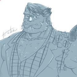 Rule 34 | 1boy, bara, beard, beast arm, blue theme, blush, body fur, crave saga, facial hair, glasses, highres, large pectorals, looking at viewer, male focus, mature male, monochrome, muscular, muscular male, pectoral cleavage, pectorals, phil (crave saga), pointy ears, round eyewear, short hair, solo, taku-ang, torn clothes, tusks, upper body, vest