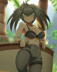 Rule 34 | 1girl, absurdres, arm support, bare arms, bare shoulders, black hair, bra, breasts, cleavage, closed mouth, commentary, day, english commentary, furrowed brow, grass, green eyes, grey bra, grey hair, grey pantyhose, grey shorts, hair between eyes, hair intakes, highres, kemono friends, leaning on object, pantyhose under shorts, long hair, looking at viewer, medium breasts, multicolored hair, no shirt, no tail, orange hair, outdoors, palm tree, pantyhose, ringed eyes, shoebill (kemono friends), shorts, sidelocks, solo, standing, standing on one leg, strap gap, sweat, thehumancopier, tree, underwear