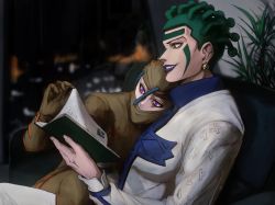 Rule 34 | 2boys, bodysuit, book, cioccolata, earrings, facepaint, facial mark, green eyes, green hair, grin, highres, holding, holding book, jewelry, jojo no kimyou na bouken, makeup, male focus, multiple boys, oasis (stand), purple eyes, reading, relaxing, sano (hospital 0434), secco, sitting, smile, stand (jojo), vento aureo