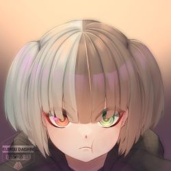 Rule 34 | 1girl, artist name, blunt bangs, brown hair, commentary, english commentary, enoshiro, eyes visible through hair, green eyes, hair over eyes, heterochromia, indie virtual youtuber, mithraya (vtuber), multicolored hair, portrait, pout, red eyes, solo, two-tone hair, two side up, virtual youtuber, watermark, white hair
