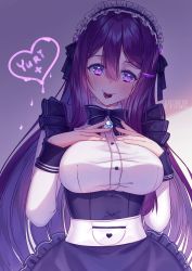 Rule 34 | 1girl, alternate costume, artist name, bell, black bow, black bowtie, blush, bow, bowtie, breasts, candy, character name, chocolate, chocolate heart, commentary, doki doki literature club, english commentary, enmaided, food, hair between eyes, hair ornament, hairclip, hands on own chest, head tilt, heart, highres, jingle bell, large breasts, long hair, long sleeves, looking at viewer, maid, maid headdress, mouth hold, purple eyes, purple hair, rezosempai, sidelocks, simple background, smile, solo, underbust, very long hair, yuri (doki doki literature club)