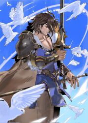 Rule 34 | 1boy, afk journey, bird, blue cape, blue pants, blue shirt, blue sky, brown hair, cape, dove, dual wielding, hashtag-only commentary, highres, holding, holding sword, holding weapon, looking to the side, male focus, muscular, muscular male, orange eyes, pants, pectoral cleavage, pectorals, profile, sheath, sheathed, shirt, sky, smile, sword, urie018, valen (afk journey), weapon