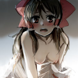 Rule 34 | 1girl, all fours, bad id, bad pixiv id, blush, breasts, brown eyes, brown hair, female focus, hakurei reimu, kayako (tdxxxk), looking at viewer, nipples, open mouth, simple background, solo, topless, touhou