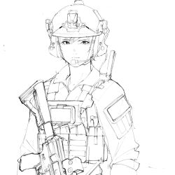 Rule 34 | 1girl, assault rifle, closed mouth, ear protection, expressionless, greyscale, gun, helmet, highres, lineart, load bearing vest, long sleeves, looking at viewer, m4 carbine, magazine (weapon), military operator, monochrome, original, pen guin15, rifle, short hair, sketch, solo, upper body, weapon