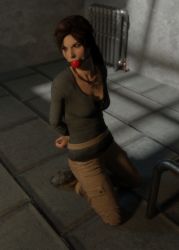 Rule 34 | 1girl, 3d, arms behind back, ass, ball gag, bdsm, bondage, bound, bound ankles, bound wrists, breasts, brown eyes, brown hair, gag, gagged, hogtie, iorel-renders, jewelry, lara croft, necklace, rope, tomb raider