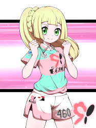 Rule 34 | 1girl, absurdres, blonde hair, clenched hands, closed mouth, collared shirt, commentary request, cowboy shot, creatures (company), eyelashes, game freak, green eyes, hands up, highres, lillie (pokemon), long hair, looking at viewer, nintendo, pink shirt, pokemon, pokemon sm, pokemon swsh, ponytail, shabana may, shirt, shorts, side slit, side slit shorts, smile, solo