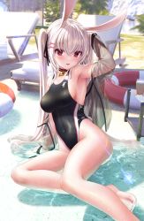 Rule 34 | 1girl, animal ears, arm up, armpits, bae.c, bare shoulders, barefoot, beach, black choker, black ribbon, black one-piece swimsuit, breasts, choker, competition swimsuit, covered navel, day, hair ornament, hair ribbon, hairclip, highleg, highleg swimsuit, highres, impossible clothes, impossible swimsuit, lia (bae.c), medium breasts, off shoulder, one-piece swimsuit, open clothes, open mouth, original, outdoors, rabbit ears, red eyes, ribbon, see-through, sitting, smile, solo, swimsuit, thighs, twintails, water, wet, white hair, yokozuwari