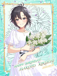 Rule 34 | 1girl, absurdres, antenna hair, black eyes, black hair, black nails, blush, bouquet, bracelet, breasts, character name, cleavage, dot nose, dress, earrings, falling petals, floral background, flower, glint, green background, hair ribbon, hands up, happy birthday, highres, holding, holding bouquet, idolmaster, idolmaster (classic), idolmaster million live!, idolmaster million live! theater days, jewelry, kikuchi makoto, lace, lace-trimmed dress, lace-trimmed ribbon, lace trim, leaf, looking at viewer, nail polish, necklace, open mouth, petals, ribbon, see-through, shiro (ongrokm), short hair, short sleeves, small breasts, smile, solo, standing, white dress, white flower, white ribbon