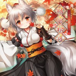 Rule 34 | 1girl, album cover, animal ears, blush, breasts, bridal gauntlets, cover, detached sleeves, hat, inubashiri momiji, japanese clothes, kei kei, kourindou tengu costume, leaf, looking at viewer, maple leaf, obi, red eyes, sash, short hair, silver hair, smile, solo, tail, tokin hat, touhou, wolf ears, wolf tail