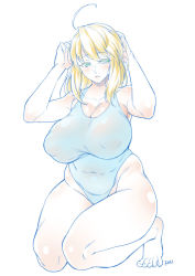 Rule 34 | 1girl, ahoge, arms up, artist name, artoria pendragon (fate), artoria pendragon (lancer) (fate), blonde hair, blue one-piece swimsuit, breasts, cleavage, collarbone, covered erect nipples, covered navel, f.w.zholic, fate (series), full body, green eyes, highres, large breasts, long hair, looking at viewer, one-piece swimsuit, parted lips, puffy nipples, simple background, solo, swimsuit, thick thighs, thighs, white background