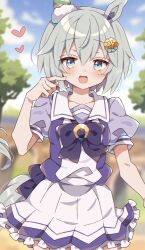 1girl :d animal_ears blue_eyes blurry blurry_background blush bob_cut bow bowtie collarbone commentary cowboy_shot ear_covers finger_to_cheek grey_hair hair_between_eyes hand_up hi_(pontolfo) highres horse_ears horse_girl horse_tail horseshoe_ornament looking_at_viewer open_mouth pleated_skirt puffy_short_sleeves puffy_sleeves purple_bow purple_bowtie purple_shirt school_uniform seiun_sky_(umamusume) serafuku shirt short_hair short_sleeves single_ear_cover skirt smile solo summer_uniform tail tracen_school_uniform umamusume white_skirt