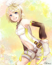 Rule 34 | 1girl, arm warmers, bad id, bad pixiv id, blonde hair, blue eyes, detached sleeves, hair ornament, hair ribbon, hairclip, headphones, hitone, kagamine rin, kagamine rin (append), looking at viewer, navel, ribbon, short hair, shorts, smile, solo, vocaloid, vocaloid append