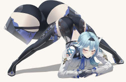 Rule 34 | 1girl, animal ears, artist request, ass, blue hair, blush, boots, breasts, butt crack, embarrassed, eula (genshin impact), from behind, genshin impact, gloves, hairband, hanging breasts, high heel boots, high heels, jack-o&#039; challenge, jackal ears, large breasts, leotard, long hair, multiple views, red eyes, shadow, shiny clothes, shiny skin, thigh boots, thighhighs, top-down bottom-up