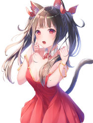 Rule 34 | 1girl, :o, animal ears, bare shoulders, black hair, breasts, cat ears, cat girl, cat tail, cleavage, collarbone, detached collar, dress, hair ribbon, hands up, keis (locrian1357), long hair, looking at viewer, medium breasts, open mouth, original, red dress, red eyes, ribbon, simple background, sleeveless, sleeveless dress, solo, strapless, strapless dress, tail, twintails, white background, yellow ribbon