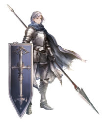 Rule 34 | 1girl, armor, cape, full body, highres, isono wataru, original, plate armor, polearm, shield, short hair, silver hair, simple background, solo, spear, standing, torn cape, torn clothes, weapon, white background, yellow eyes