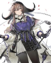 Rule 34 | 1girl, absurdres, arknights, axe, black gloves, black pantyhose, black skirt, brown hair, closed mouth, coat, cow horns, dutch angle, flail, gloves, green eyes, hair between eyes, highres, holding, holding weapon, horns, long hair, long sleeves, looking at viewer, open clothes, open coat, pallas (arknights), pantyhose, puffy long sleeves, puffy sleeves, purple shirt, ryat, shirt, sidelocks, simple background, skirt, solo, standing, weapon, white background, white coat