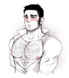Rule 34 | 1boy, abs, bara, bare pectorals, beard, black hair, buzz cut, chest hair, cropped torso, facial hair, golden kamuy, hairy, korajo, long sideburns, male focus, mature male, muscular, muscular male, nipples, open clothes, open shirt, pectorals, short hair, solo, spot color, stubble, tanigaki genjirou, thick eyebrows, toned, toned male, very short hair