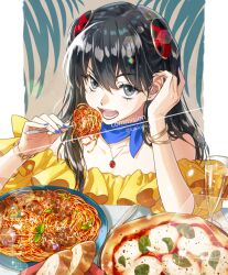 Rule 34 | 1girl, bare shoulders, black hair, blue nails, bracelet, bread, cup, eating, food, food focus, fork, grey eyes, hands up, holding, holding fork, jesse (kakiclover), jewelry, leaf, long hair, meatball, necklace, off-shoulder shirt, off shoulder, open mouth, original, pasta, pizza, plate, shirt, solo, spaghetti, spaghetti and meatballs, yellow shirt