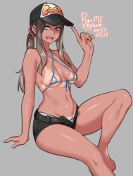 Rule 34 | 1girl, adjusting clothes, adjusting headwear, agawa ryou, areola slip, arm support, artist name, bare shoulders, barefoot, baseball cap, bikini, black hat, black shorts, blue bikini, breasts, brown hair, cleavage, collarbone, commentary, dated, english commentary, flipped hair, foot out of frame, front-tie bikini top, front-tie top, gradient hair, green eyes, grey background, groin, hair ornament, hair scrunchie, halterneck, hand up, hat, index finger raised, light brown hair, linea alba, long hair, looking at viewer, medium breasts, micro bikini, multicolored hair, nail polish, navel, numbered, open mouth, original, ponytail, print headwear, red scrunchie, scrunchie, short shorts, shorts, sidelocks, simple background, sitting, skindentation, smile, solo, straight hair, striped bikini, striped clothes, swimsuit, tan, tanline, teeth, two-tone hair, yellow nails